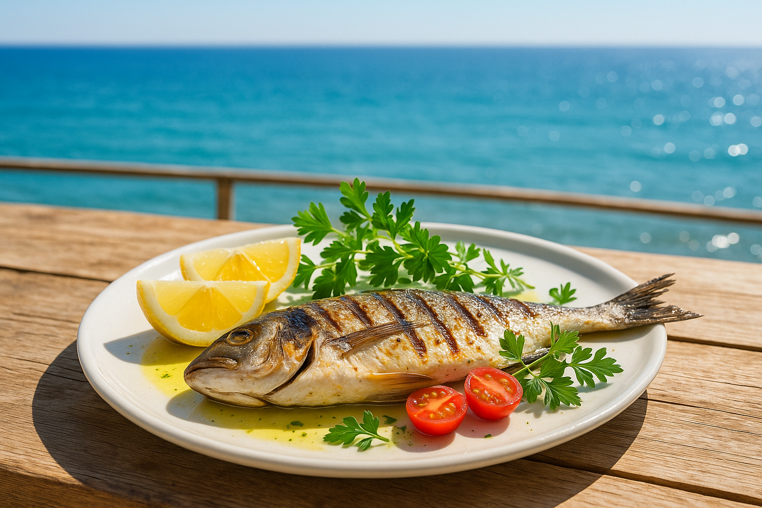 A bright, sun-drenched photo of a beautifully plated grilled fish or a vibrant Greek salad on a table overlooking the sea. The feeling should be fresh, clean, and coastal.