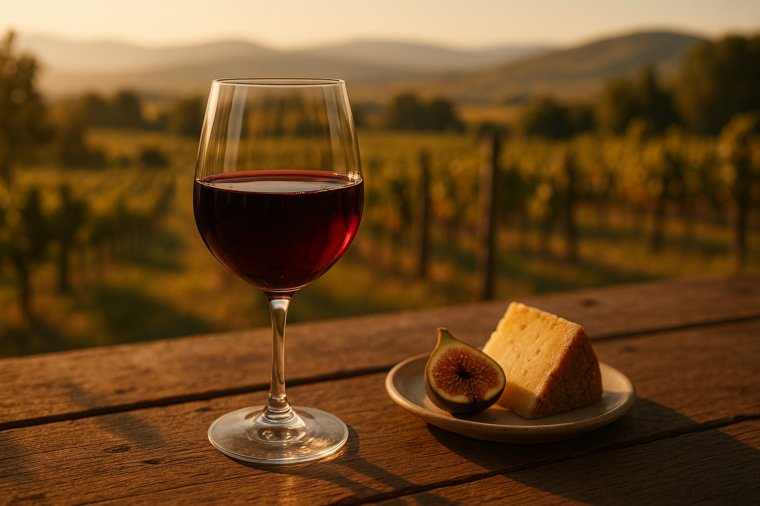 A photorealistic, warm-toned photograph of a glass of deep, ruby-red Xinomavro wine sitting on a rustic wooden table. In the background, a cozy, sunlit vineyard scene from Naoussa, Greece, is softly blurred. On the table next to the glass, include a small plate with aged Greek cheese and a fig. The lighting is golden hour, casting long, soft shadows and creating a mood of rustic elegance, heritage, and premium quality.