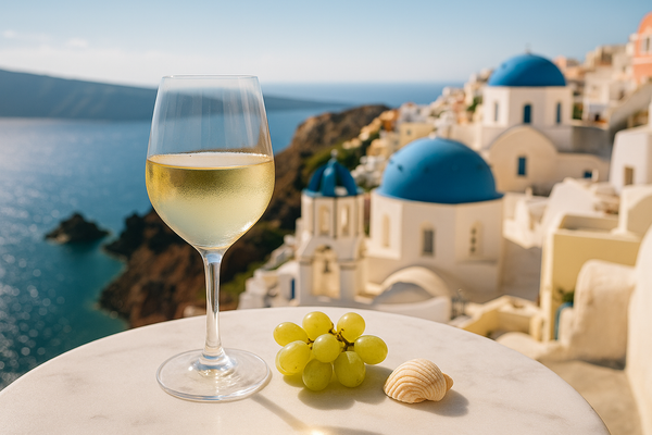 A photorealistic, sun-drenched photograph of a chilled glass of crisp Assyrtiko white wine resting on a white marble table. In the beautifully blurred background, the iconic blue-domed churches and white villas of Oia, Santorini, overlook the sparkling Aegean Sea. Next to the glass, a small bunch of green grapes and a single seashell are artfully placed. The lighting is bright, natural daylight, creating a feeling of luxury, freshness, and a perfect Greek holiday.